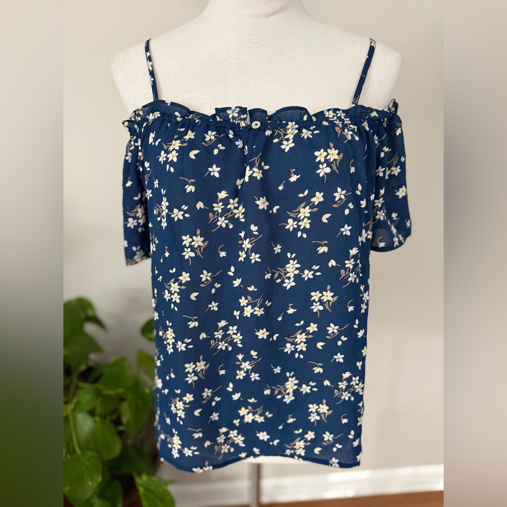 Love Tree Navy Ruffled Floral Cold Shoulder, Spaghetti Straps & Short SleevedTop